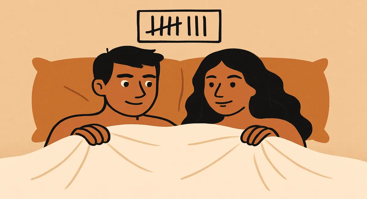 Cartoon of a couple in bed smiling under a blanket, with tally marks above them symbolizing body count meaning in relationships