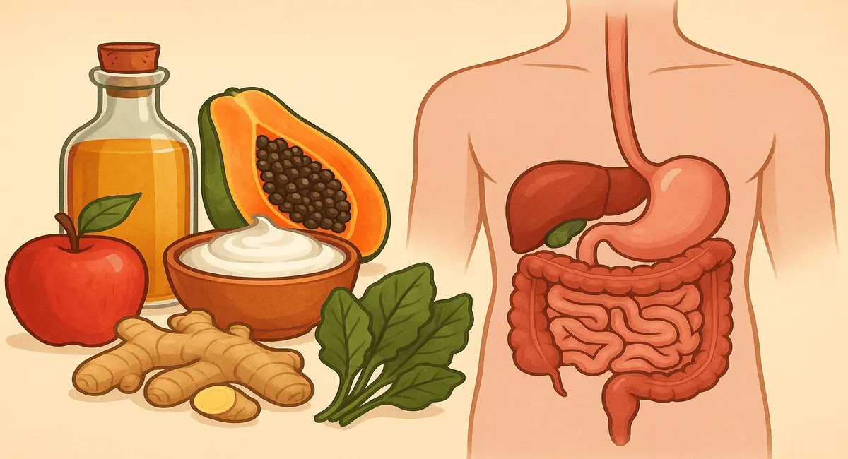 Illustration showing healthy foods like ginger, apple, papaya, yogurt, spinach, and apple cider vinegar next to human digestive organs, highlighting natural ways to boost your digestive system.