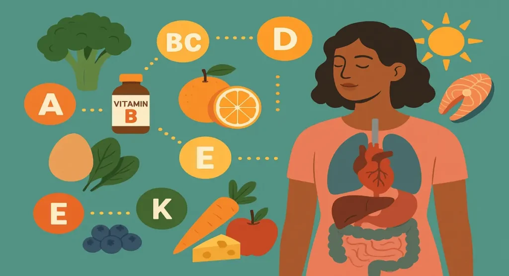 Illustration of a woman with internal organs and various food sources showing essential vitamins and their functions, including Vitamins A, B, C, D, E, and K.