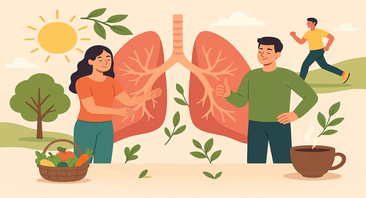 Illustration showing healthy habits to improve your lungs health, including exercise, nutritious food, and herbal tea in a bright outdoor setting.