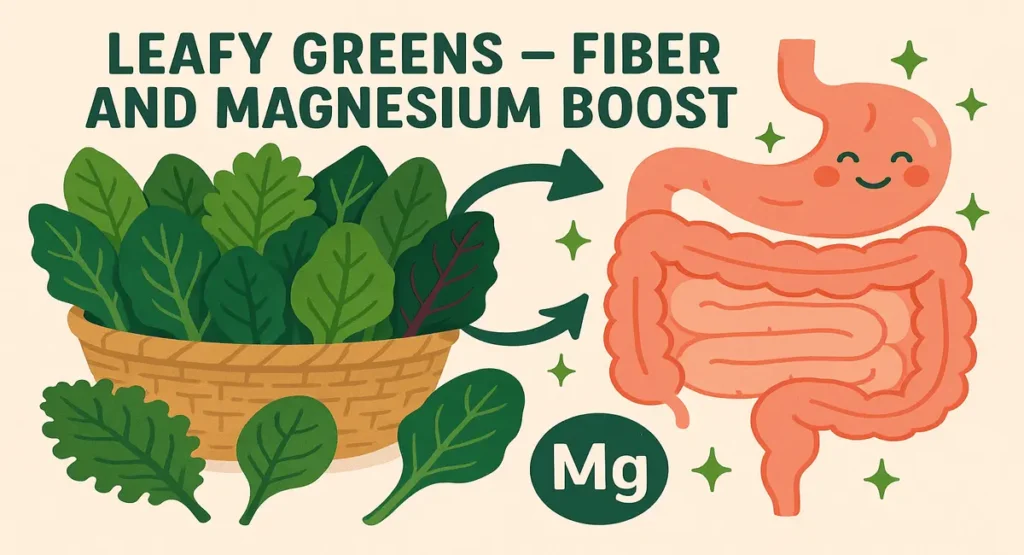 Illustration of leafy greens in a basket with arrows pointing to a healthy, smiling digestive tract, highlighting how fiber and magnesium in leafy greens help boost your digestive system naturally.