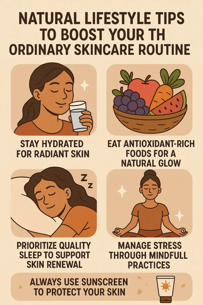 Natural lifestyle tips to boost your skincare routine, including hydration, antioxidant-rich foods, quality sleep, mindful stress management, and sunscreen use – illustrated guide.