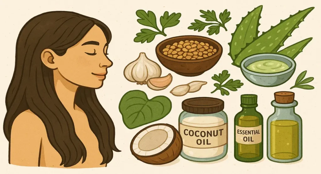 Illustration of natural remedies to prevent hair loss, including coconut oil, essential oils, aloe vera, garlic, and herbs like parsley and betel leaves, alongside a woman with healthy hair.