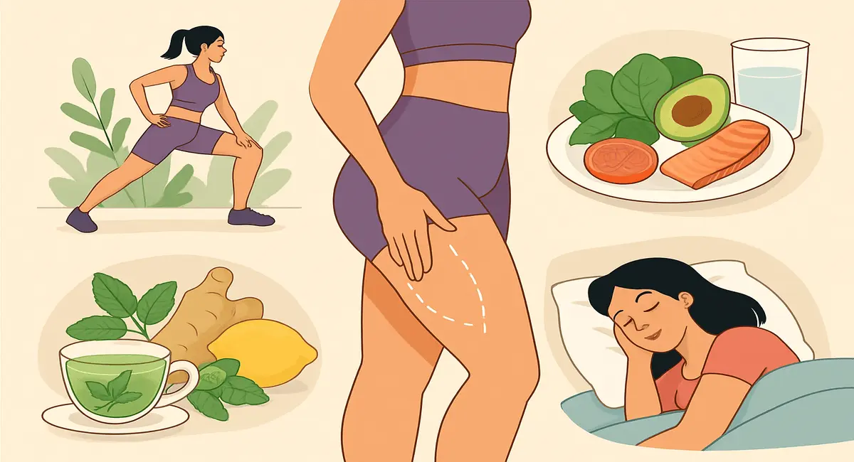 Illustration showing natural methods for thigh fat loss, including stretching, healthy eating (salmon, avocado, spinach), drinking green tea with lemon and ginger, and getting quality sleep.