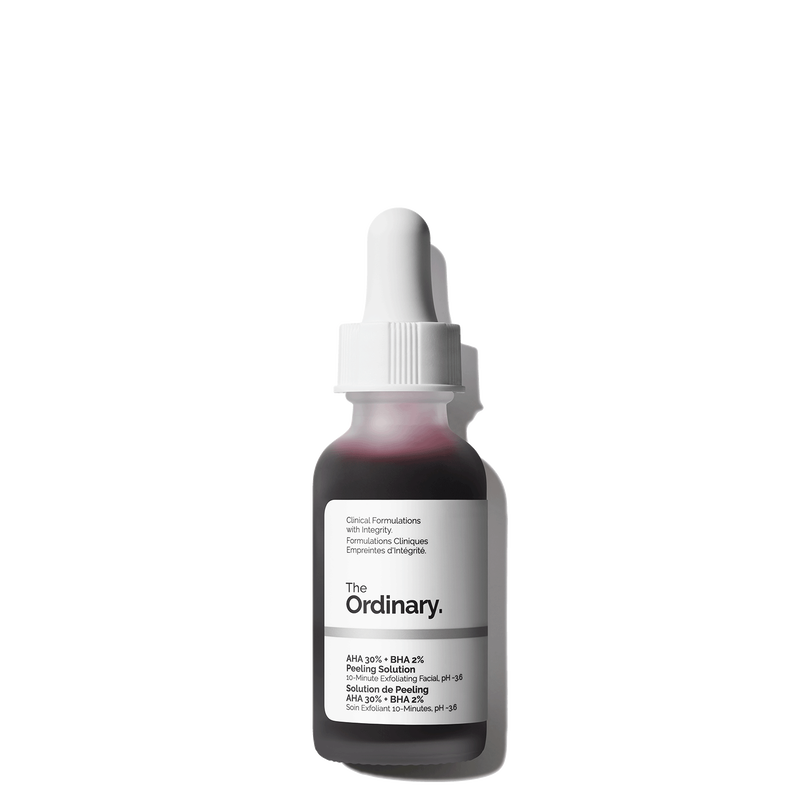 A dropper bottle of The Ordinary AHA 30% + BHA 2% Peeling Solution, a deep red exfoliating facial treatment for improved skin texture and radiance.