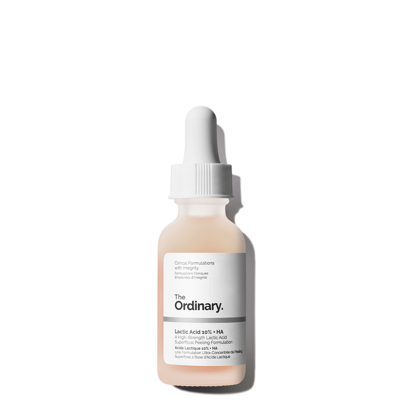 A bottle of The Ordinary Lactic Acid 10% + HA, a high-strength lactic acid superficial peeling formulation designed to exfoliate and improve skin texture.
