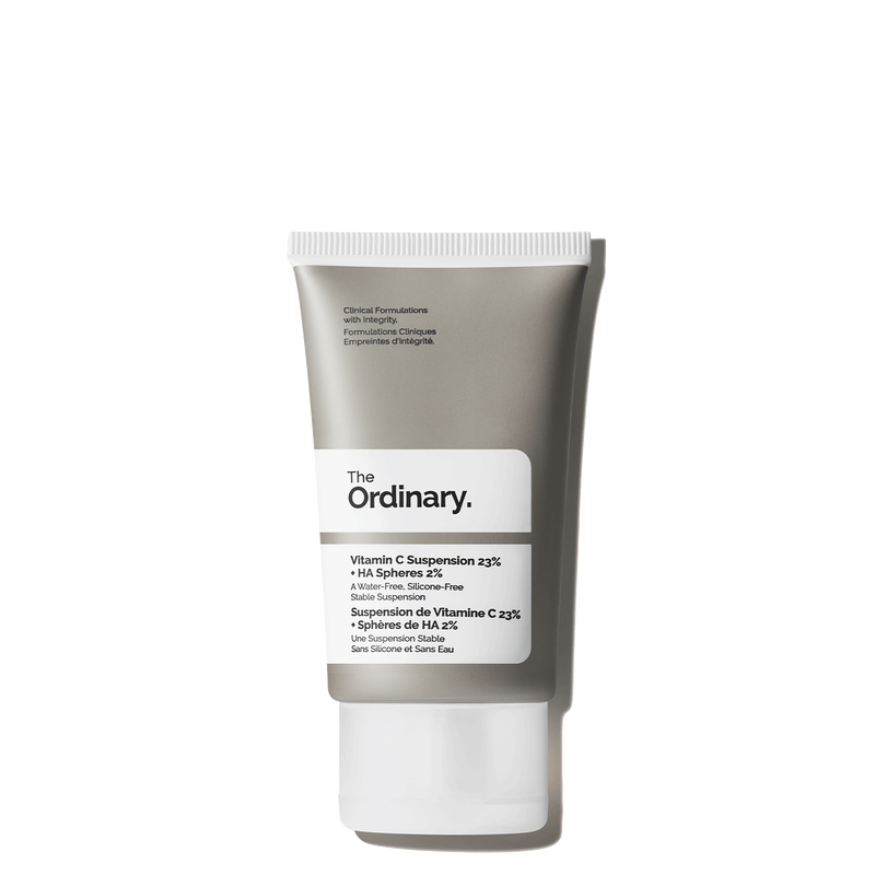 A tube of The Ordinary Vitamin C Suspension 23% + HA Spheres 2%, a water-free, silicone-free stable formula designed to brighten and improve skin texture.