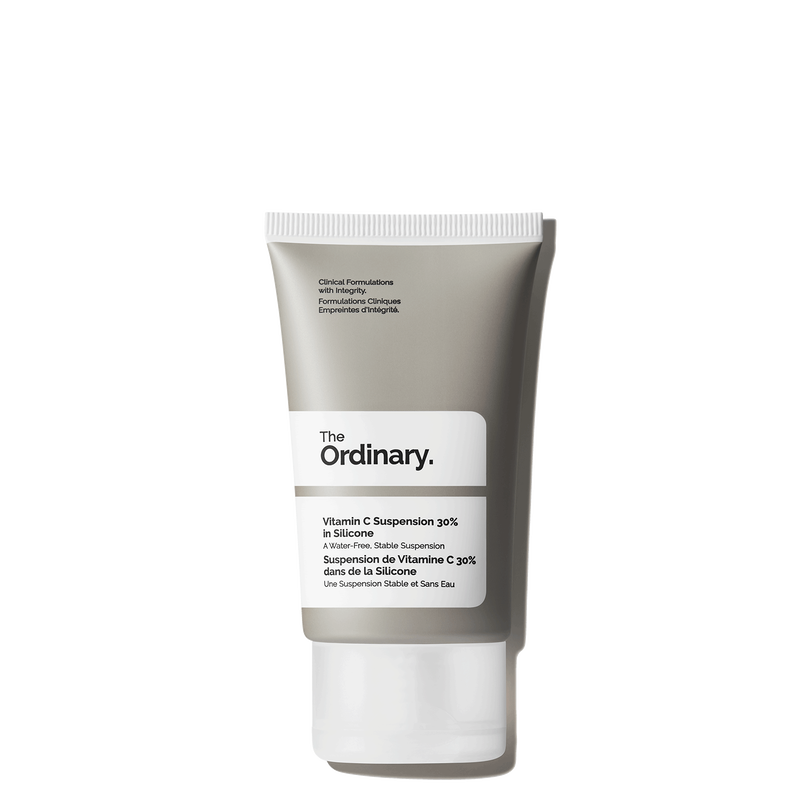 A tube of The Ordinary Vitamin C Suspension 30% in Silicone, a high-strength, water-free formula designed to brighten skin tone and reduce signs of aging.