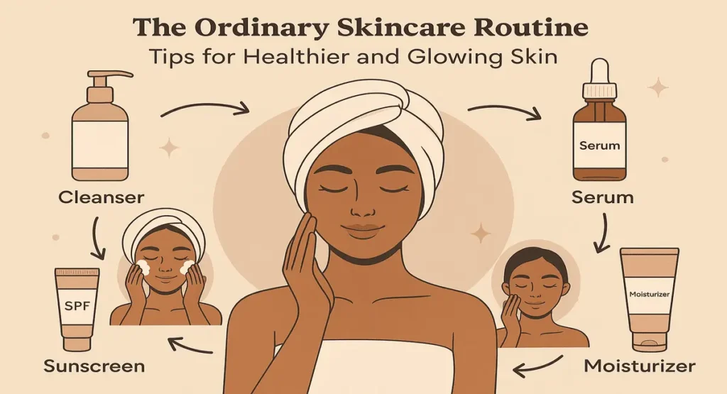 Illustration showing The Ordinary skincare routine with labeled steps including cleanser, serum, moisturizer, and sunscreen, designed to help achieve healthier and glowing skin.