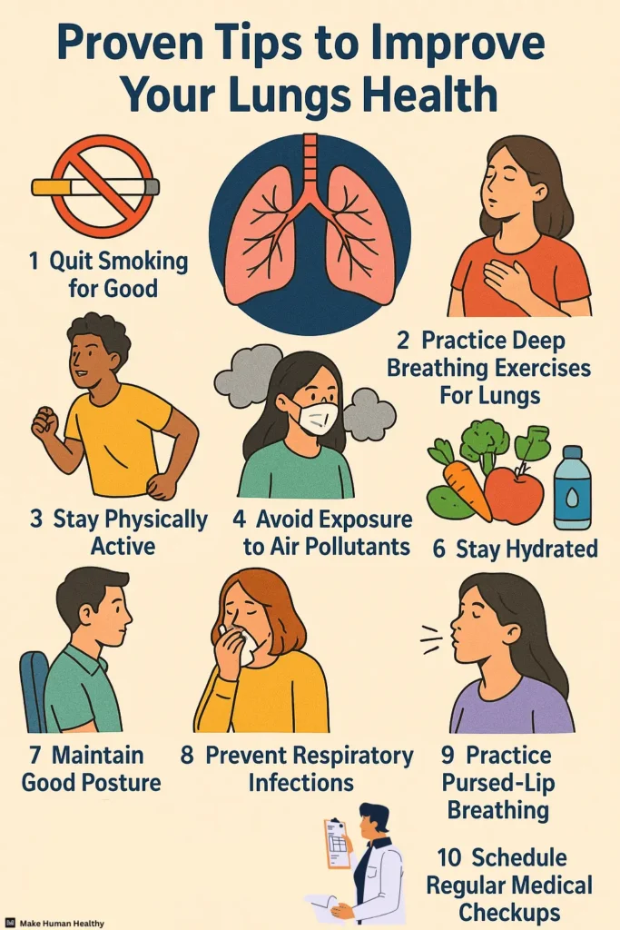 Infographic showing 10 proven tips to improve your lungs health, including quitting smoking, deep breathing, staying active, avoiding pollutants, staying hydrated, maintaining posture, and scheduling medical checkups.