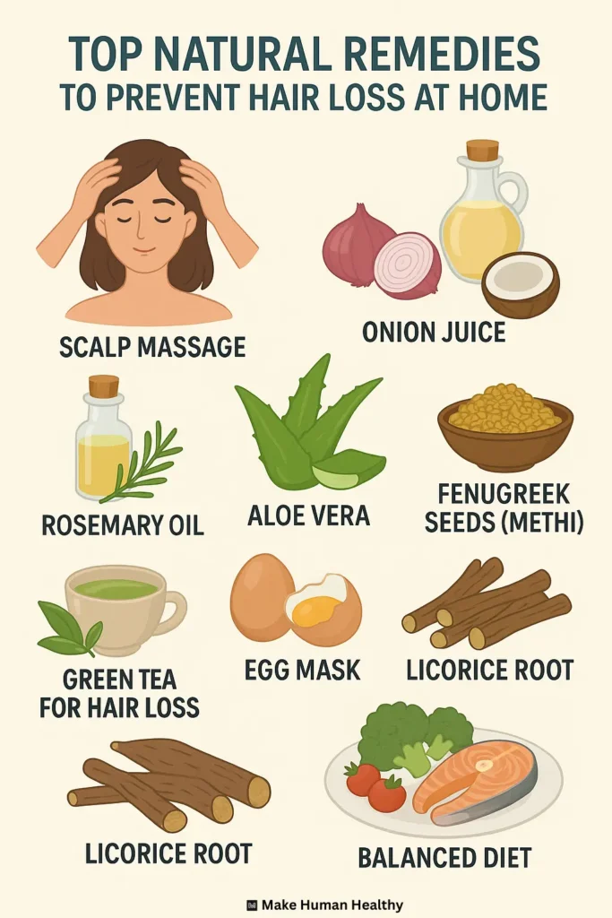 Infographic showing top natural remedies to prevent hair loss at home, including scalp massage, onion juice, rosemary oil, aloe vera, fenugreek seeds, green tea, egg mask, licorice root, and a balanced diet.