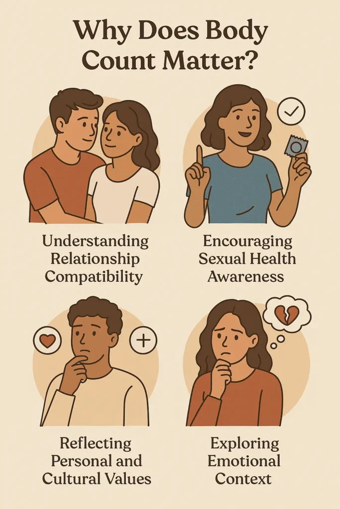 Illustration showing four reasons why body count matters: relationship compatibility, sexual health awareness, personal and cultural values, and emotional context.