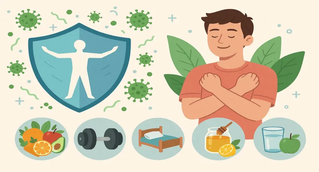 Illustrated guide showing natural ways to boost your immunity, including healthy food, exercise, sleep, hydration, and natural remedies — focus keyword: boost your immunity naturally.