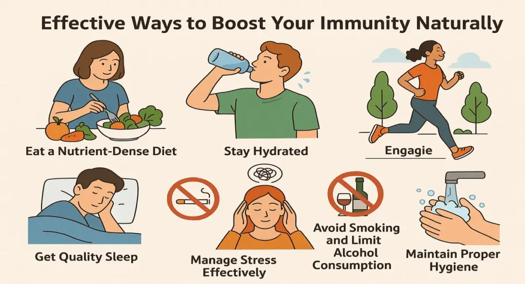 Infographic showing natural ways to boost your immunity, including eating a nutrient-rich diet, staying hydrated, exercising, getting enough sleep, managing stress, avoiding smoking and alcohol, and maintaining good hygiene — focus keyword: boost your immunity naturally.