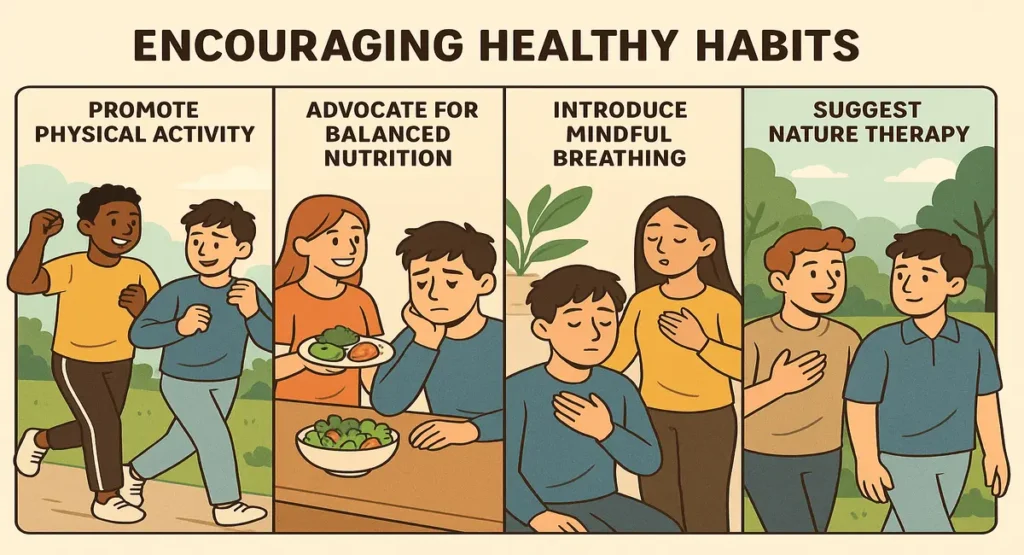 Illustration showing ways to encourage healthy habits to help a friend struggling with mental fatigue, including physical activity, balanced nutrition, mindful breathing, and nature therapy