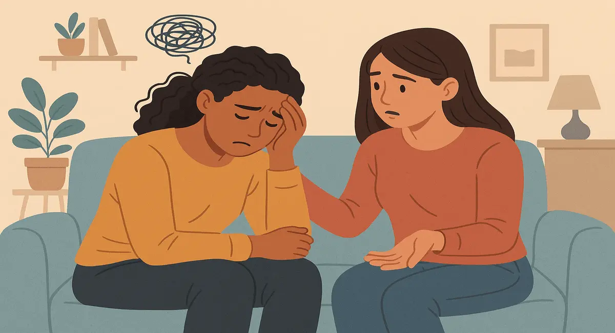 Illustration of a supportive woman comforting her friend, symbolizing how to help a friend struggling with mental fatigue through empathy and understanding.