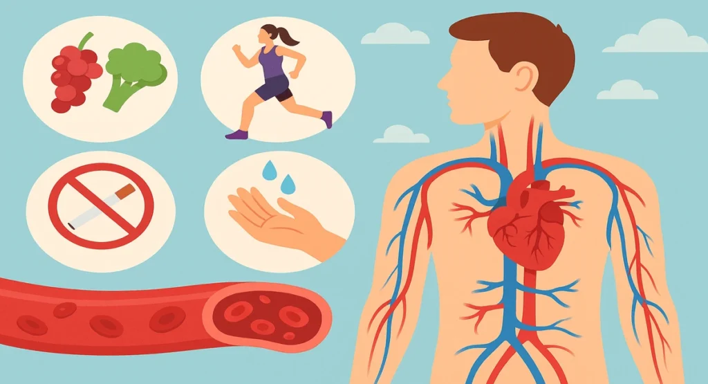 Illustration showing ways to improve blood flow, including healthy eating, exercise, staying hydrated, and avoiding smoking, alongside human circulatory system diagram.