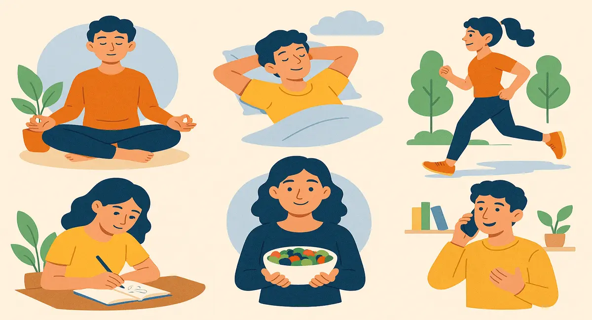 Illustration of daily activities to improve mental well-being including meditation, sleep, exercise, healthy eating, journaling, and social connection
