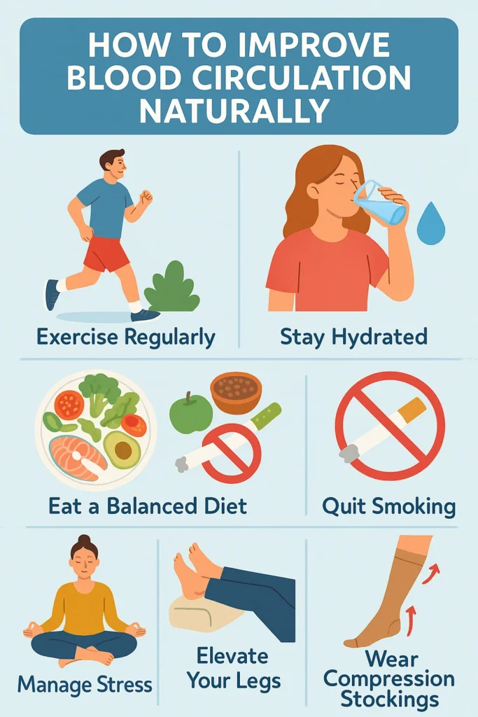 Infographic showing natural ways to improve blood flow including regular exercise, staying hydrated, eating a balanced diet, quitting smoking, managing stress, elevating legs, and wearing compression stockings.