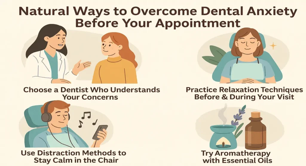 Illustration of four natural ways to overcome dental anxiety, including choosing a compassionate dentist, using relaxation techniques, distraction with music, and aromatherapy with essential oils.