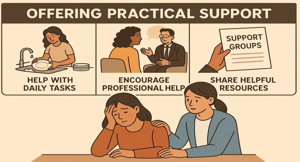 Illustration showing ways to offer practical support to help a friend struggling with mental fatigue, including helping with daily tasks, encouraging professional help, and sharing helpful resources.