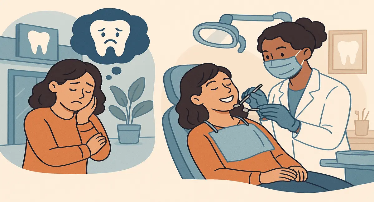 Illustration of a woman who has overcome dental anxiety, showing her transformation from toothache fear to a calm dental checkup with a friendly dentist.