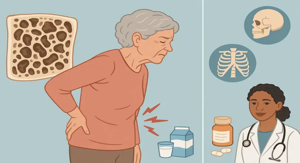 Illustration of an elderly woman experiencing back pain due to osteoporosis, with visual representations of porous bone structure, calcium supplements, and a doctor consultation — highlighting common symptoms, causes, and treatment for osteoporosis.