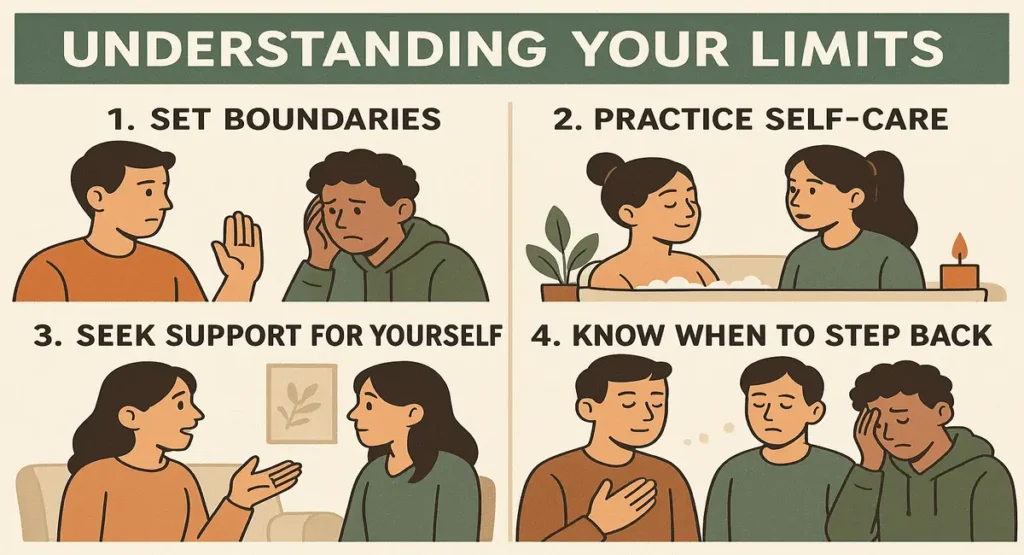 Illustration showing four mental health strategies: setting boundaries, practicing self-care, seeking support, and knowing when to step back—helpful tips for emotional well-being and stress management.