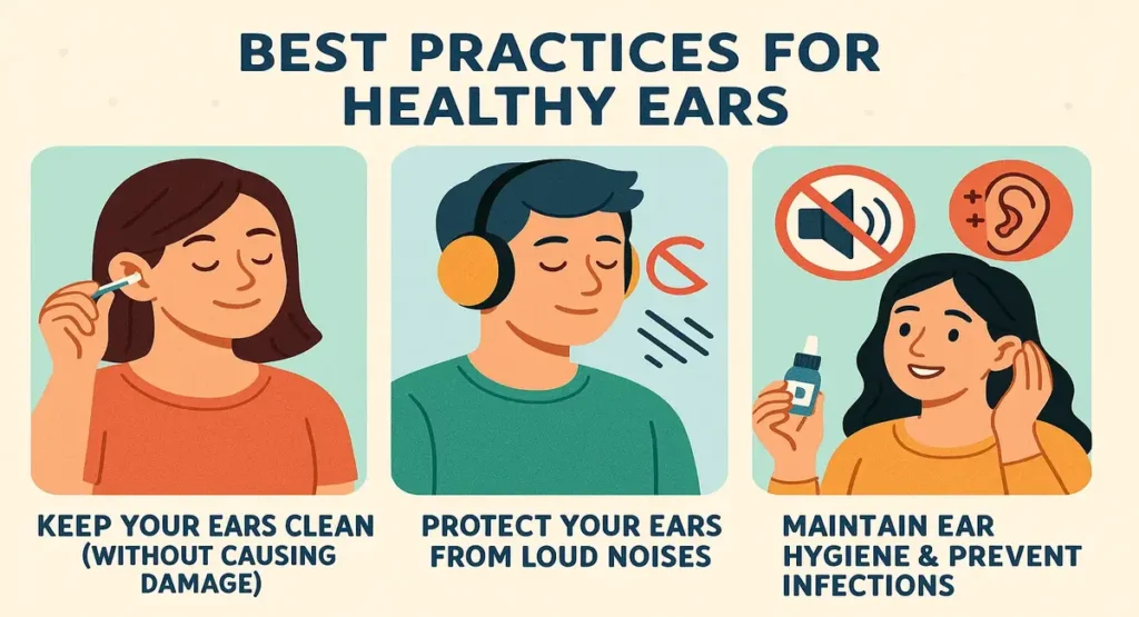 Visual guide on best practices to improve your hearing, including cleaning ears safely, avoiding loud noises, and maintaining ear hygiene