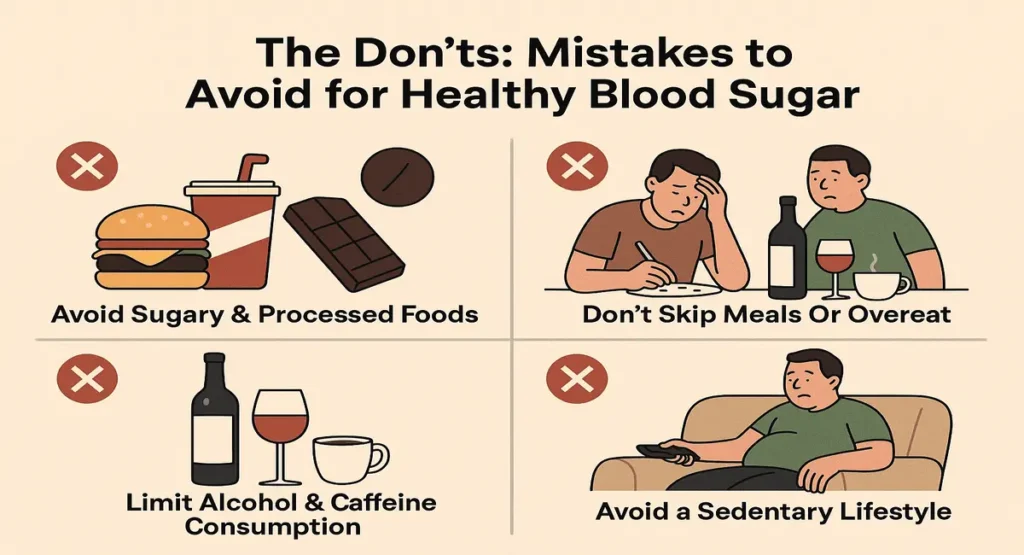 Illustration showing common mistakes to avoid for effective blood sugar management including sugary foods, skipping meals, alcohol and caffeine, and a sedentary lifestyle.