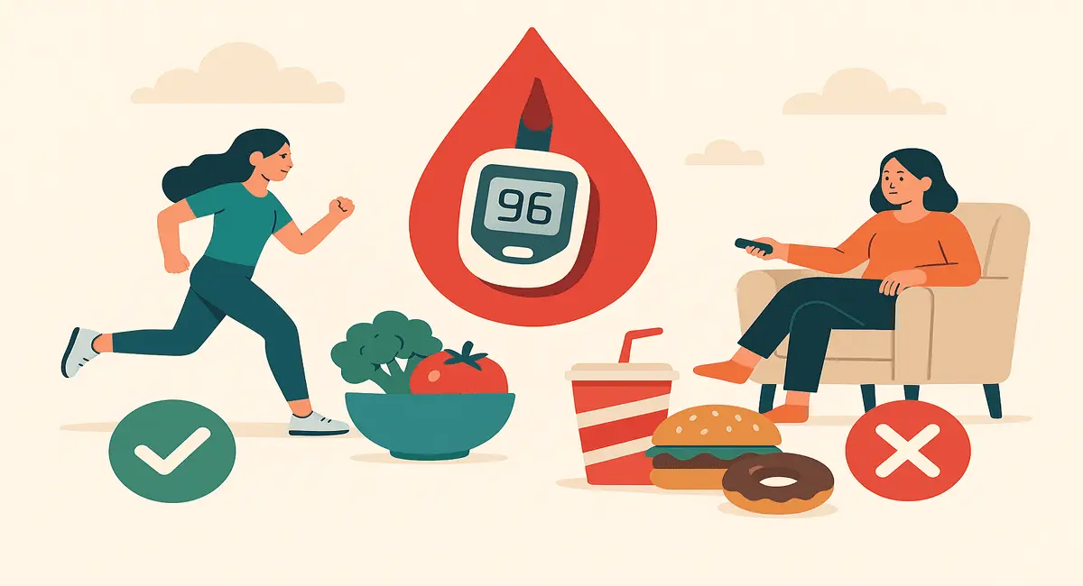 Illustration showing blood sugar management tips with a comparison of healthy habits like exercise and vegetables versus unhealthy habits like fast food and inactivity.
