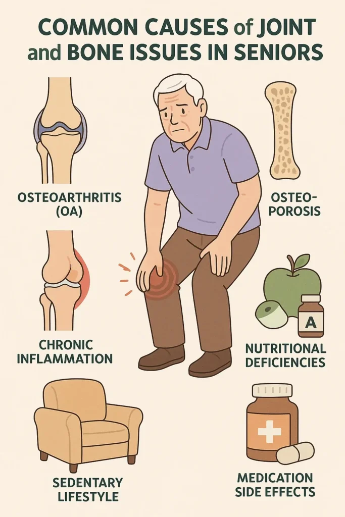 Infographic showing common causes of joint and bone issues in seniors that affect healthy joints after 60, including osteoarthritis, osteoporosis, chronic inflammation, sedentary lifestyle, nutritional deficiencies, and medication side effects