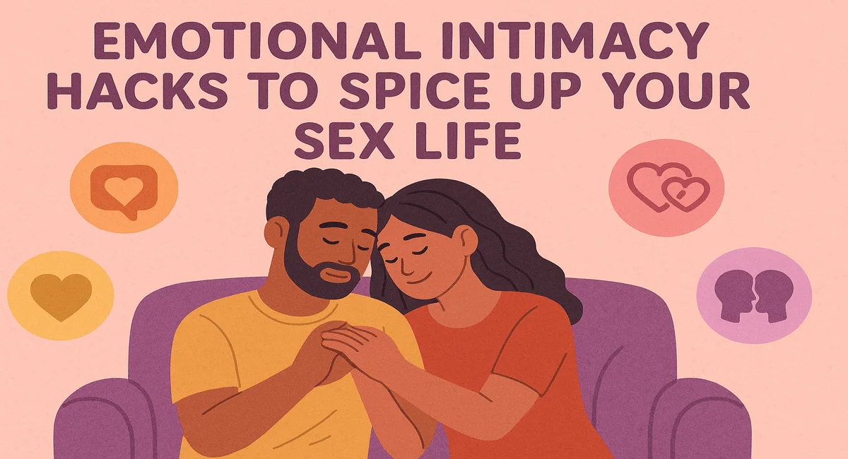 Illustration of a couple bonding emotionally with icons representing love and communication, highlighting emotional intimacy hacks to enhance a passionate sex life.