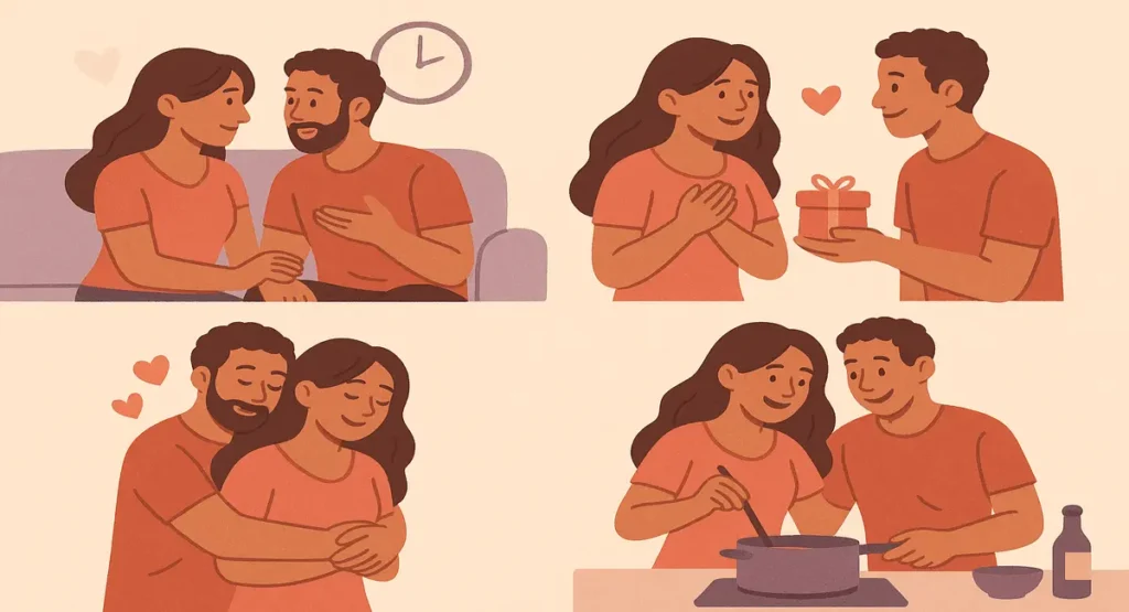 A couple building emotional intimacy through bonding activities like heartfelt conversations, gratitude, hugs, and cooking together.
