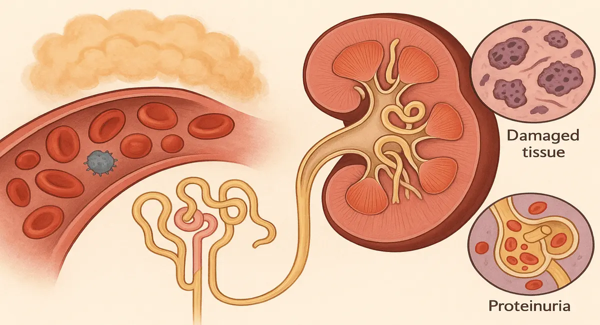 Illustration showing how harmful habits can damage your kidneys, featuring a detailed kidney cross-section, damaged kidney tissue, and proteinuria caused by poor lifestyle choices.