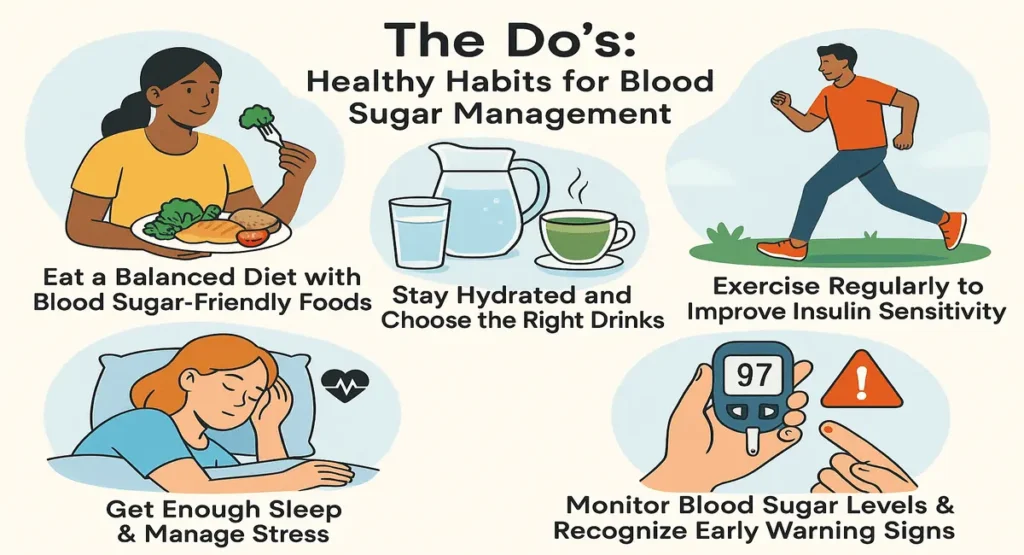 Illustration highlighting healthy habits for blood sugar management including balanced diet, hydration, exercise, sleep, and blood sugar monitoring.