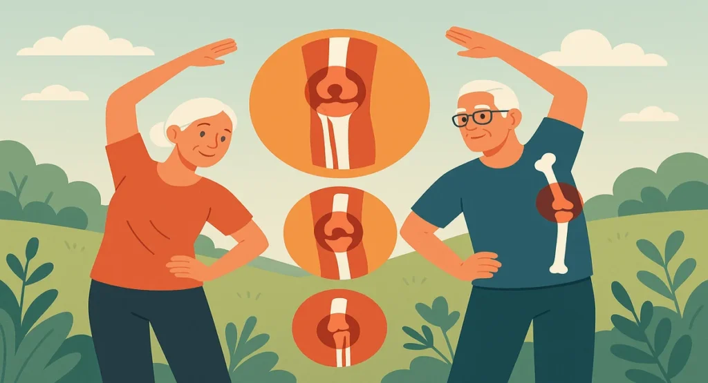Illustration of an elderly couple doing side stretches outdoors, symbolizing active aging and healthy joints after 60, with joint diagrams highlighting knee health and mobility in seniors.