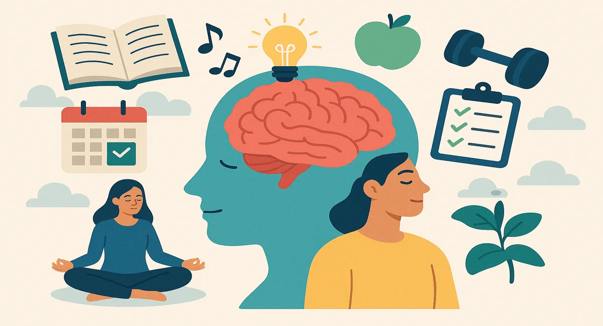 Illustration showing brain health improvement through daily habits like meditation, exercise, healthy eating, reading, music, and time management—ideal for improving memory and boosting brain health naturally.