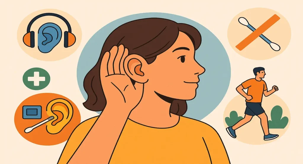 Illustration showing tips to improve your hearing, including ear protection, safe cleaning, and healthy lifestyle habits