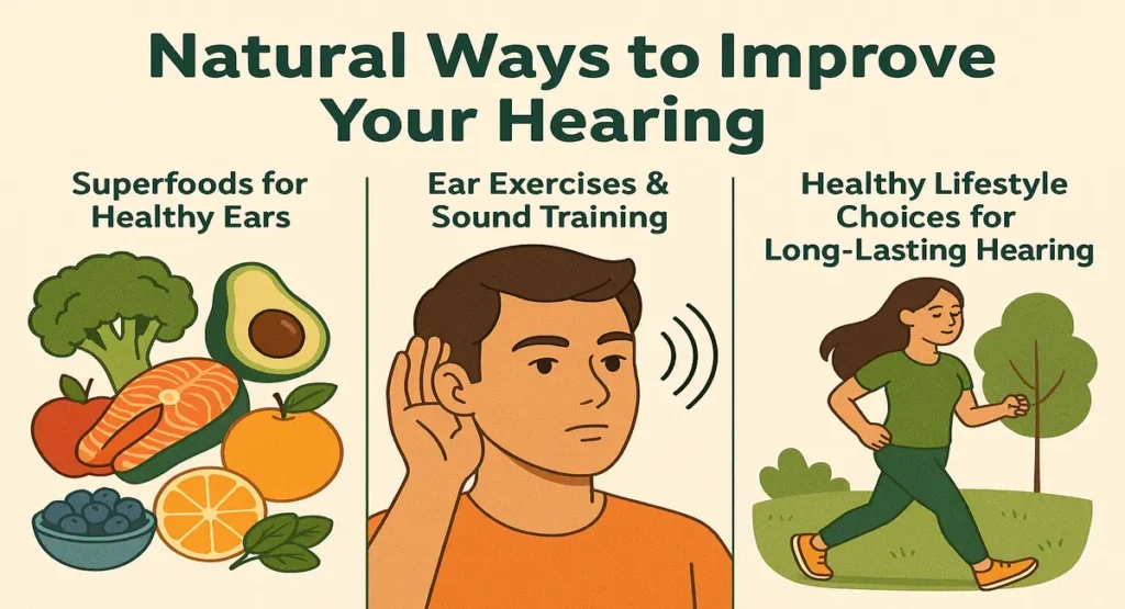 Illustration showing natural ways to improve your hearing, including superfoods, ear exercises, and healthy lifestyle choices