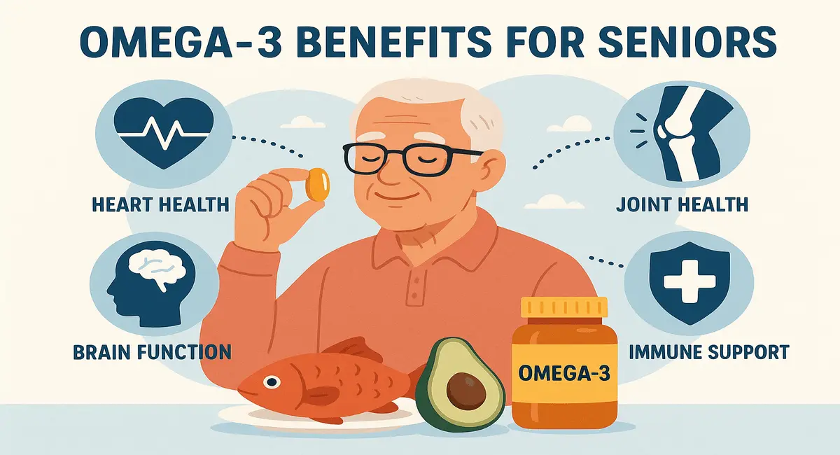 Illustrated infographic showing omega-3 benefits for seniors, including improved heart health, brain function, joint support, and immune system enhancement, with visuals of a supplement capsule, fish, and avocado