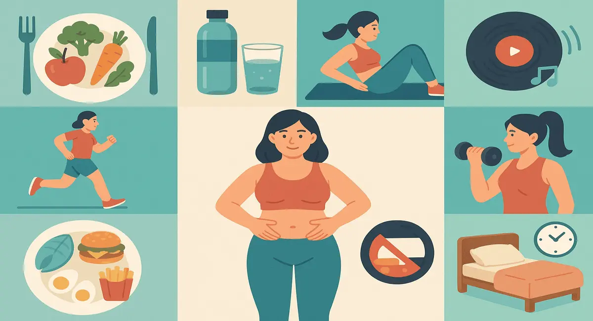 Illustrated guide showing healthy lifestyle habits such as exercise, clean eating, hydration, sleep, and avoiding junk food to slim belly fat fast.