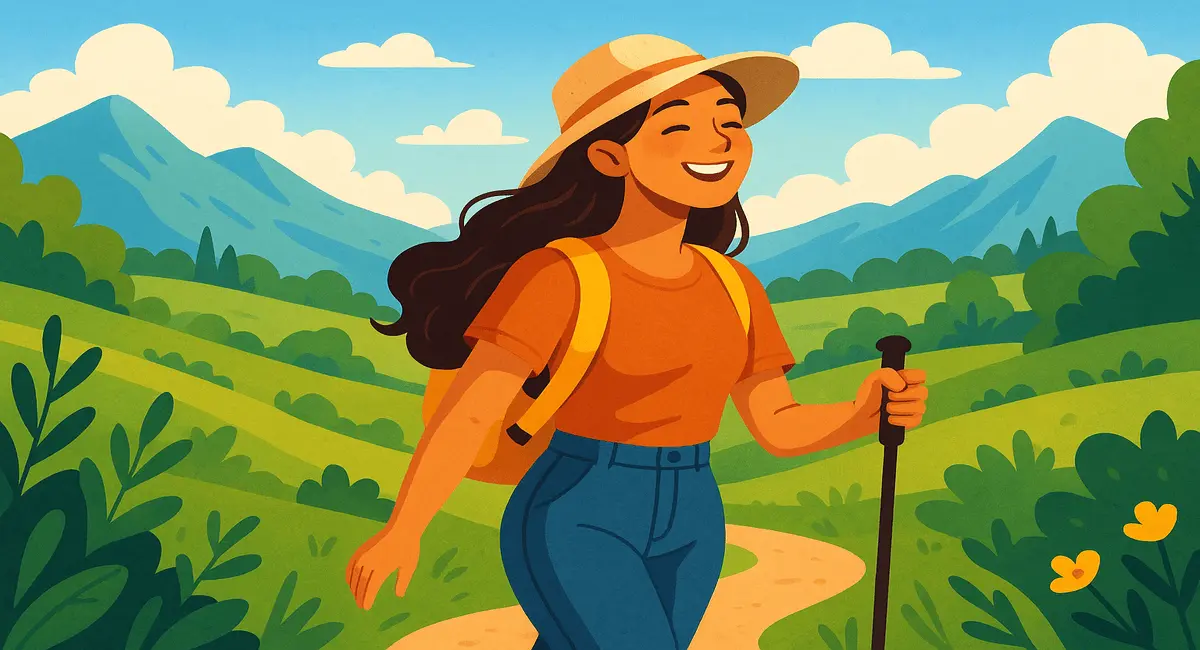 Illustration of a woman hiking joyfully through nature, representing the positive link between traveling and depression relief