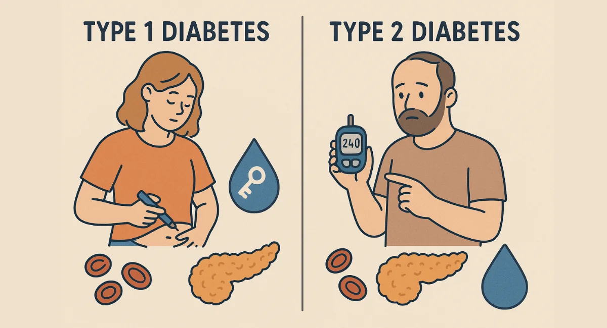 Illustration comparing Type 1 vs Type 2 diabetes, showing insulin injection for Type 1 and glucose meter for Type 2 with symbols of pancreas, blood drops, and glucose levels.