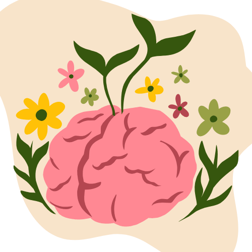 Brain with growing flowers representing mental health and wellness