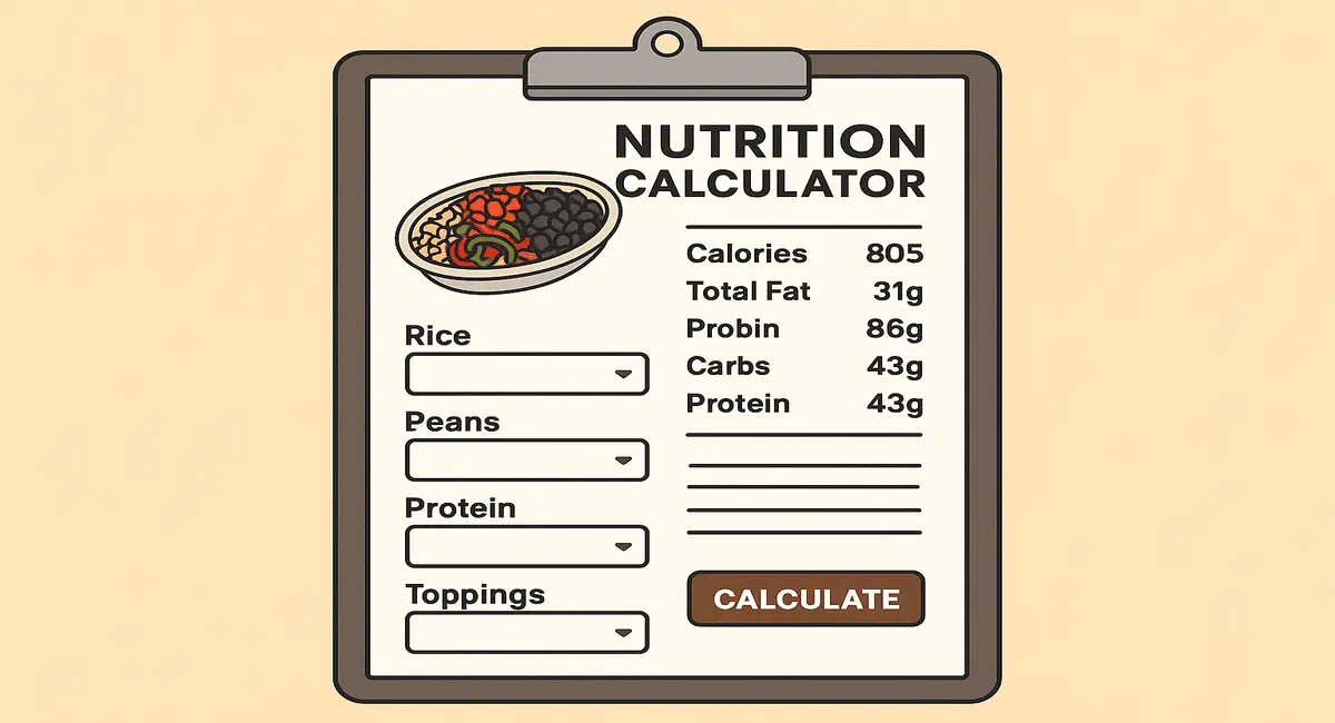 Illustration of the Chipotle Nutrition Calculator showing meal customization options for rice, beans, protein, and toppings, along with detailed nutrition facts including calories, fat, protein, and carbs.