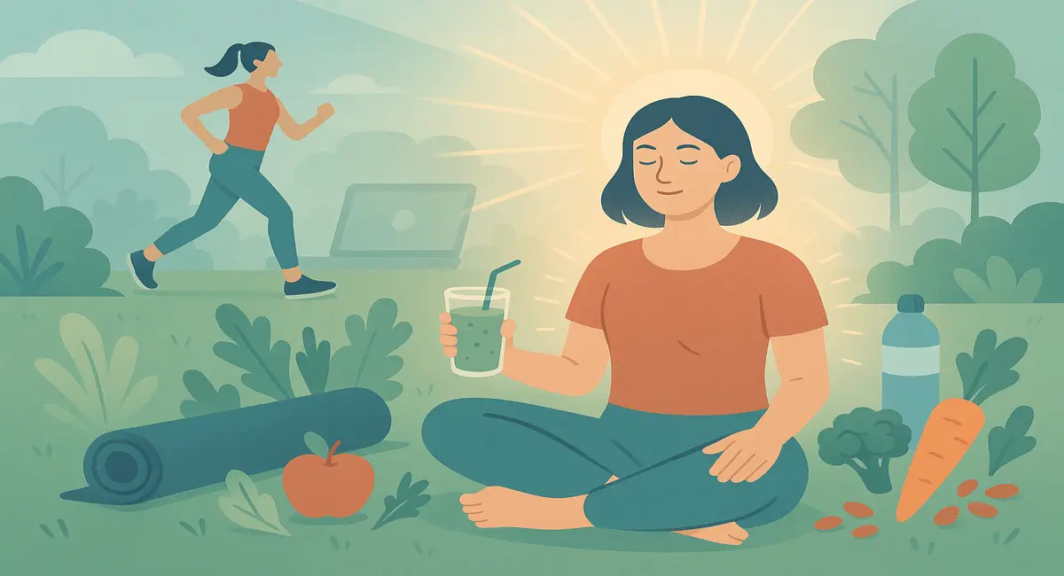 Illustration of a woman meditating with healthy food and another woman jogging outdoors, representing how exercise helps reduce digital burnout