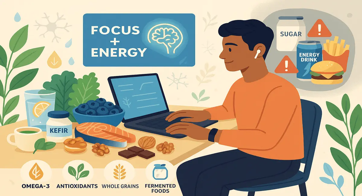Illustration of a man working on a laptop surrounded by healthy foods like salmon, kefir, blueberries, and nuts to enhance focus and energy, helping prevent digital burnout