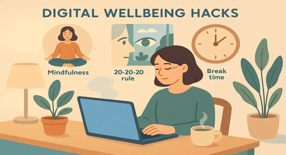 Illustration of a woman working on a laptop with mindfulness, 20-20-20 rule, and break time tips displayed, promoting digital wellbeing and preventing digital burnout.