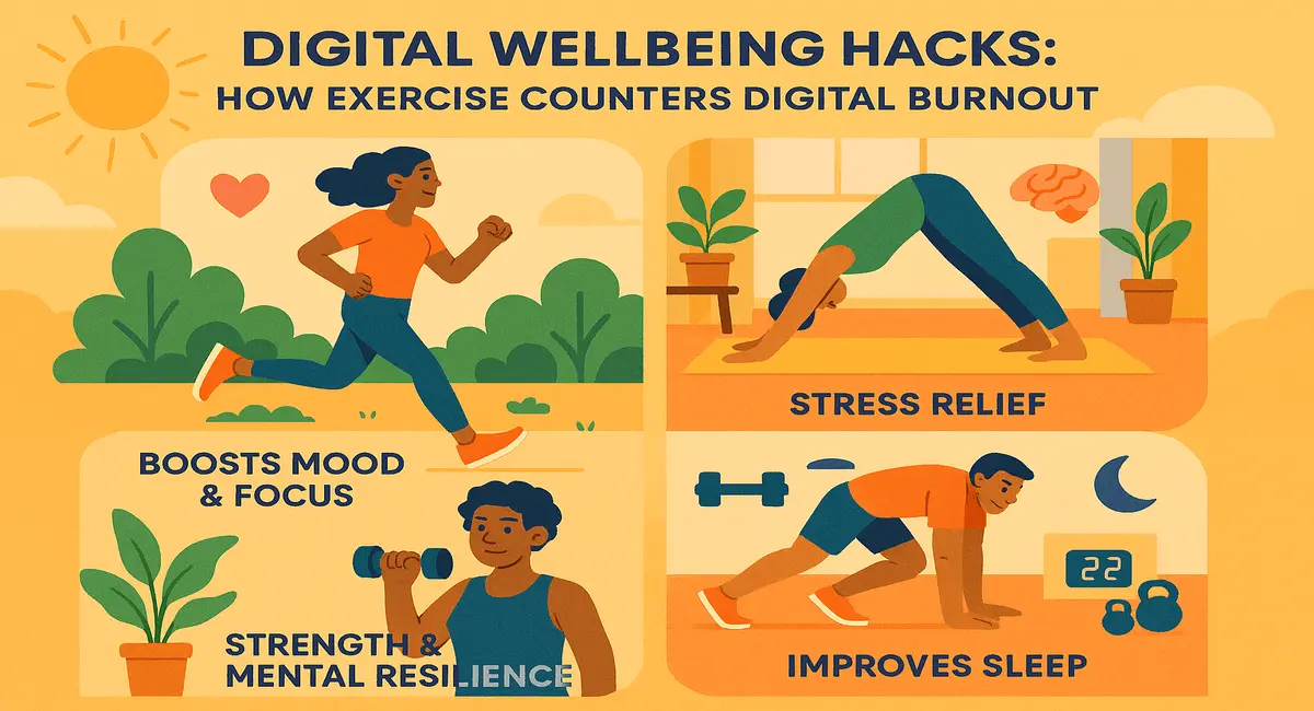 Infographic-style illustration showing different exercises like running, yoga, and strength training that boost mood, relieve stress, and improve sleep to reduce digital burnout.